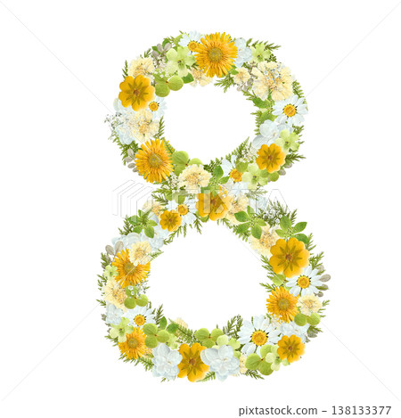 Pressed flower design of the number 8, featuring yellow and white flowers in a botanical style. Transparent PNG background. Pressed flower design of the number 8, featuring yellow and white flowers in a botanical style. Transparent PNG background. 138133377