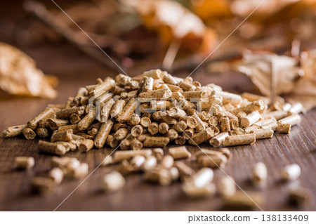 Wood Pellets Pile for Biofuel Heating and Renewable Energy Closeup on Rustic Wooden Surface Wood Pellets Pile for Biofuel Heating and Renewable Energy Closeup on Rustic Wooden Surface 138133409