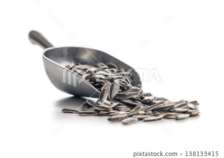 Sunflower Seeds Spilling From Metal Scoop On White Background . Closeup Healthy Snack 138133415