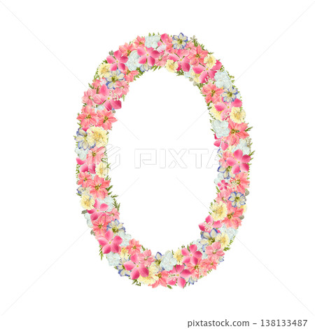Pressed flower design of the number 0, featuring pink and blue flowers in a botanical style. Transparent PNG background. Pressed flower design of the number 0, featuring pink and blue flowers in a botanical style. Transparent PNG background. 138133487