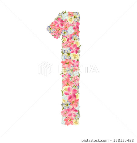 以粉紅色和藍色花朵為特色的植物風格壓花數字“1”設計。透明PNG背景。 138133488