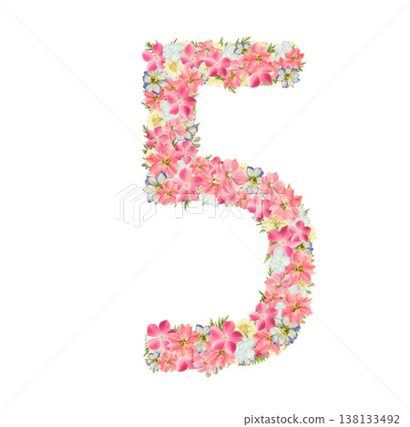 Pressed flower design of the number 5, featuring a botanical arrangement of pink and blue flowers. Transparent PNG background. Pressed flower design of the number 5, featuring a botanical arrangement of pink and blue flowers. Transparent PNG background. 138133492