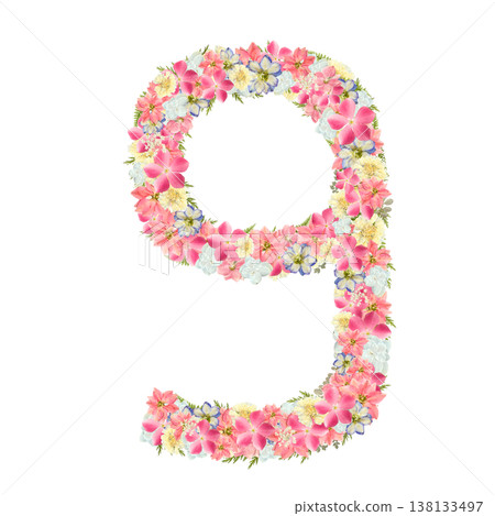 以粉紅色和藍色花朵為特色的植物風格壓花數位9設計。透明PNG背景。 138133497