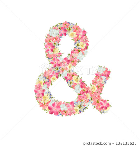 Ampersand symbol, pressed flower material, botanical motif with pink and blue flowers, transparent PNG background Ampersand symbol, pressed flower material, botanical motif with pink and blue flowers, transparent PNG background 138133623