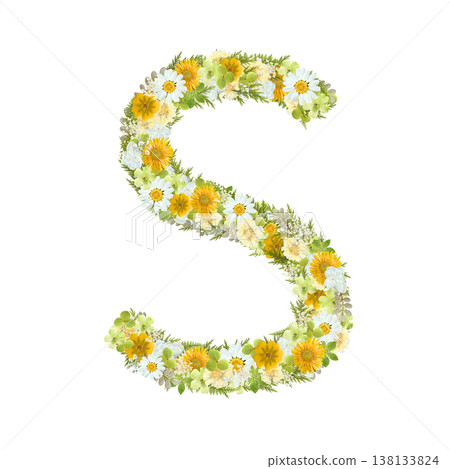 字母S的壓花設計,採用植物風格的黃色和綠色花朵。透明PNG背景。 字母S的壓花設計,採用植物風格的黃色和綠色花朵。透明PNG背景。 138133824