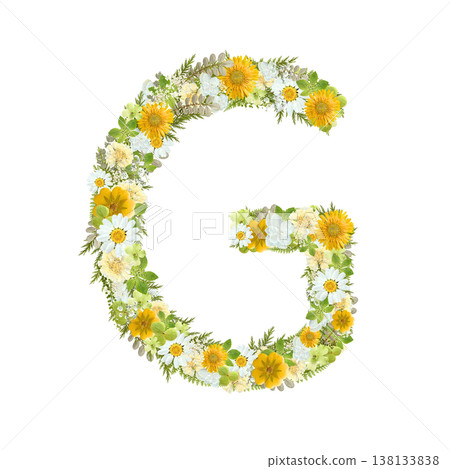 Pressed flower design of the letter G, featuring yellow and green flowers in a botanical style. Transparent PNG background. 138133838