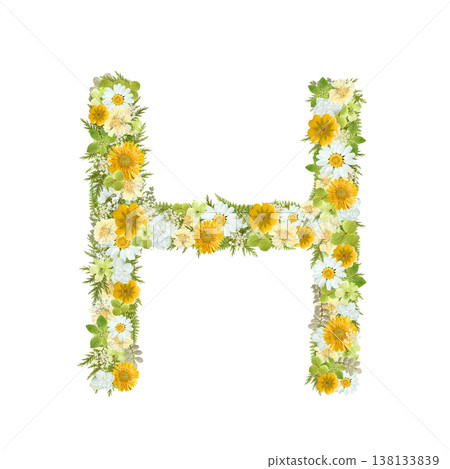 Pressed flower design of the letter H, featuring yellow and green flowers in a botanical style. Transparent PNG background. Pressed flower design of the letter H, featuring yellow and green flowers in a botanical style. Transparent PNG background. 138133839
