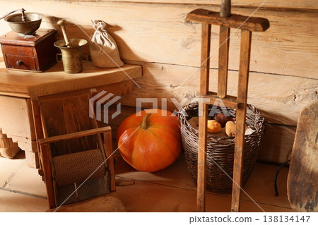 Vintage produce with handcrafted utensils and natural textures 138134147
