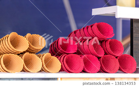 Colorful ice cream biscuit waffle cones Colorful ice cream biscuit waffle cones 138134353