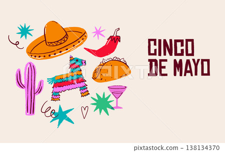 Cinco de Mayo Mexican holiday celebration background with hand-drawn decorative elements, symbols 138134370