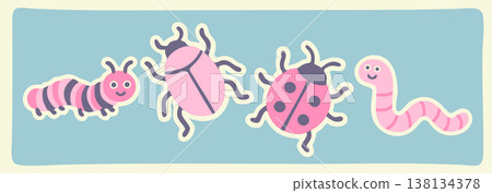 Vector set of cute insects. Caterpillar, beetle, ladybird, worm. Childish stickers. Pink and blue pastel colors 138134378