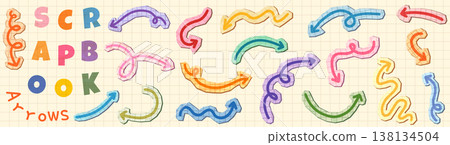Colorful scrapbook paper vector arrows, cute doodle pointers, fun graphic design elements for collages and backgrounds Colorful scrapbook paper vector arrows, cute doodle pointers, fun graphic design elements for collages and backgrounds 138134504