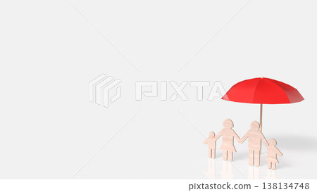 Family Protection Concept With Red Umbrella And Wooden Figures 3d render. Family Protection Concept With Red Umbrella And Wooden Figures 3d render. 138134748