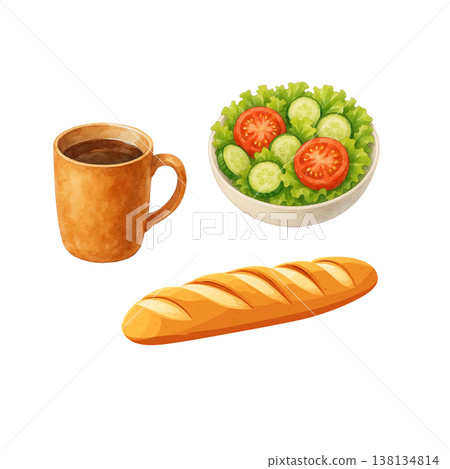 Simple breakfast/lunch image featuring French bread, salad, and coffee. (White background) 138134814