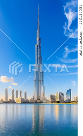 The Stunning Dubai Skyline with Iconic Architecture Reflected in Calm Waters Under a Bright Sky 138135583
