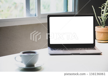 Mockup laptop devices isolated on white background. personal computer notebook white screen. and aroma coffee cup, houseplant, notepaper as a desk. office at home Mockup laptop devices isolated on white background. personal computer notebook white screen. and aroma coffee cup, houseplant, notepaper as a desk. office at home 138136061