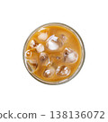 Ice coffee with the bubble in the cup isolated white background. Top view 138136072