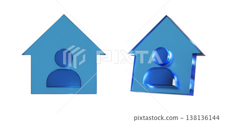A 3D illustration of a flat icon representing being at home. The mark has a transparent, blue, glass-like texture. A 3D illustration of a flat icon representing being at home. The mark has a transparent, blue, glass-like texture. 138136144