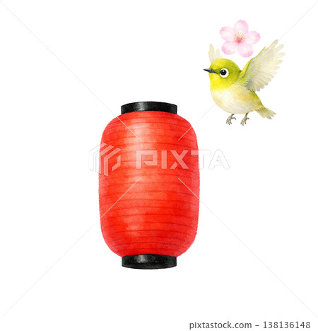Simple design featuring lanterns, cherry blossoms, and small birds; a cute decorative design for a spring Japanese festival, against a white background. 138136148