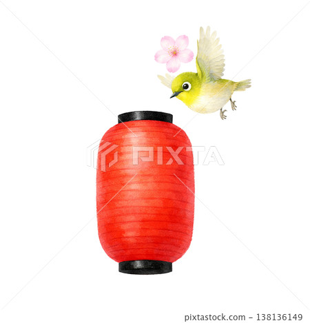 Simple design featuring lanterns, cherry blossoms, and small birds; a cute decorative design for a spring Japanese festival, against a white background. 138136149