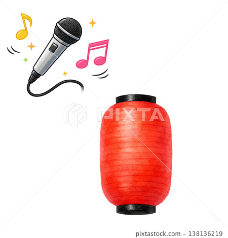 簡約設計，包含燈籠、麥克風和音符；適合節日活動和卡拉OK；白色背景。 138136219