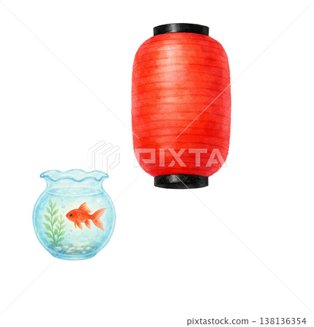 簡潔的設計，以燈籠和金魚缸為特色，在白色背景上營造出夏日祭典的氛圍和日式集市的設計感。 138136354