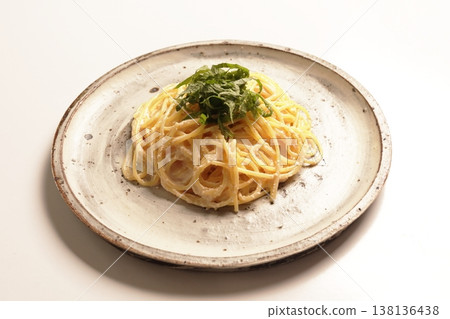Mentaiko cream pasta with shiso leaves Mentaiko cream pasta with shiso leaves 138136438