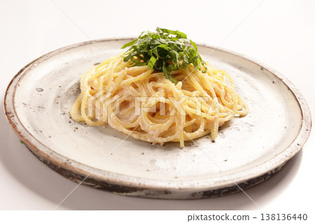 Mentaiko cream pasta with shiso leaves Mentaiko cream pasta with shiso leaves 138136440