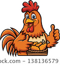 Happy Cartoon Rooster Mascot with Fried Chicken Basket Giving Thumbs Up 138136579