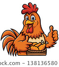 Happy Cartoon Rooster Mascot with Fried Chicken Basket Giving Thumbs Up 138136580