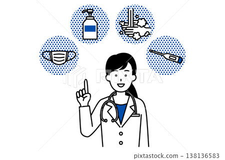一位女醫生解釋了預防感冒的四種方法（戴口罩、消毒、洗手和測量體溫）。 138136583