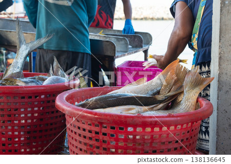 Fresh sea fish in red plastic baskets at local seafood wholesale market. Fresh sea fish in red plastic baskets at local seafood wholesale market. 138136645