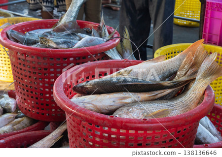 Close up of various sea fish catch in red baskets at fish auction market. Close up of various sea fish catch in red baskets at fish auction market. 138136646