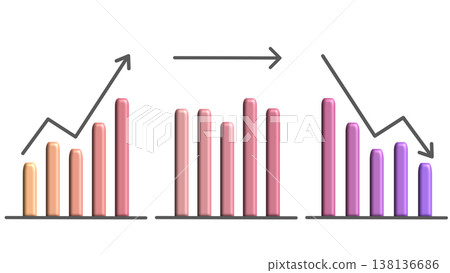 A set of bar graphs showing upward, sideways, and downward trends; a comparative image of growth, stagnation, and decline (pink-purple gradient). A set of bar graphs showing upward, sideways, and downward trends; a comparative image of growth, stagnation, and decline (pink-purple gradient). 138136686