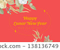 Vintage floral happy lunar new year greeting card template, various flowers and leaves on red 138136749