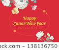 Vintage floral happy lunar new year greeting card template, various flowers and leaves on red 138136750