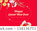 Vintage floral happy lunar new year greeting card template, various flowers and leaves on red 138136751