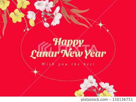 Vintage floral happy lunar new year greeting card template, various flowers and leaves on red 138136751