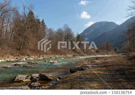 Wide Alpine River Landscape in Mountain Valley Wide Alpine River Landscape in Mountain Valley 138136754