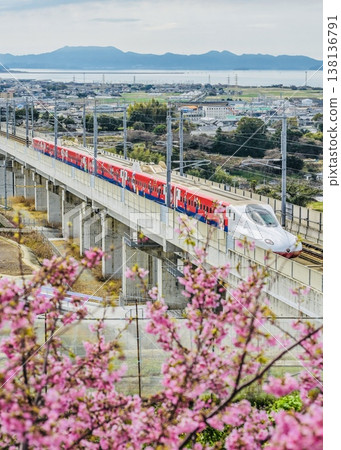 The Super Mario Shinkansen speeds along, greeted by cherry blossoms. The Super Mario Shinkansen speeds along, greeted by cherry blossoms. 138136791