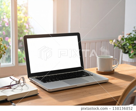 A laptop with a cup of coffee A laptop with a cup of coffee 138136852