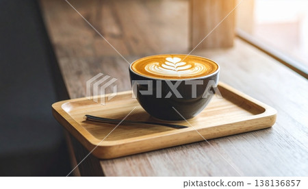 A cup of latte or cappuccino top view, on wooden plate A cup of latte or cappuccino top view, on wooden plate 138136857