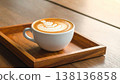 A cup of latte or cappuccino top view, on wooden plate 138136858