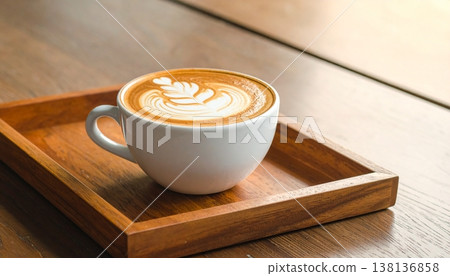 A cup of latte or cappuccino top view, on wooden plate A cup of latte or cappuccino top view, on wooden plate 138136858