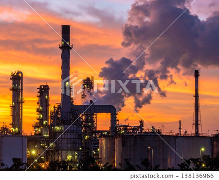 A highly detailed oil refinery, with massive steel pipelines 138136966