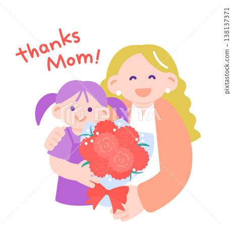 A little girl gives her mother a bouquet of carnations for Mother's Day, and the mother hugs her. A little girl gives her mother a bouquet of carnations for Mother's Day, and the mother hugs her. 138137371