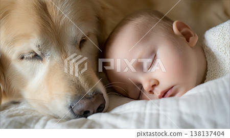 一隻金毛犬睡在睡於日式床墊上的白色嬰兒旁邊。 138137404