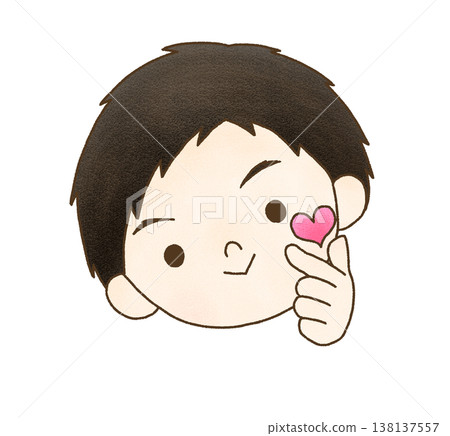 A hand-drawn illustration of a boy making a heart shape with his fingers. 138137557