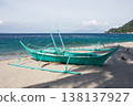 Green traditional outrigger boat on tropical beach 138137927