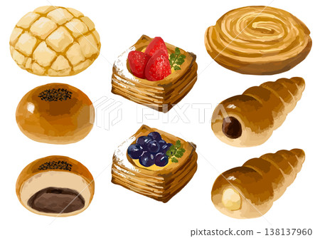 Sweet bread set (melon bread, red bean bun, Danish pastry, cornet) 138137960